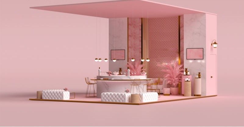 Gian hàng mỹ phẩm thiết kế sáng tạo, nổi bật giữa trung tâm triển lãm