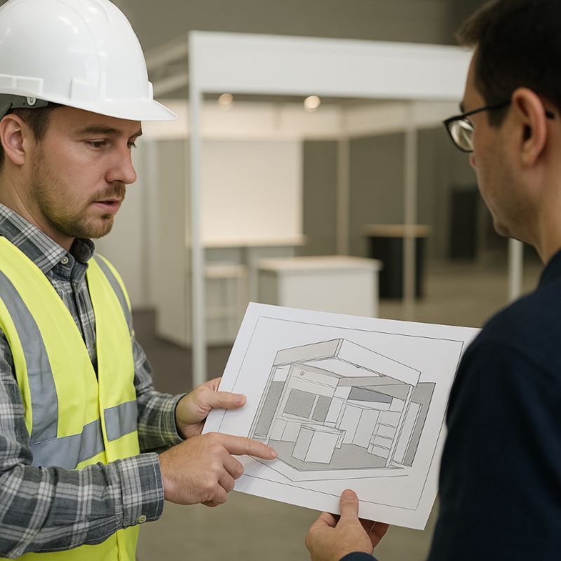Nhân sự kỹ thuật và khách hàng trao đổi bản vẽ thiết kế gian hàng